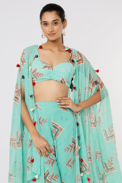 Gopi vaid Gianni Cape Pant Set With Cape aqua blue festive Indian designer wear online shopping melange singapore