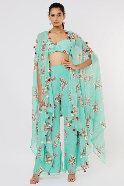 Gopi vaid Gianni Cape Pant Set With Cape aqua blue festive Indian designer wear online shopping melange singapore