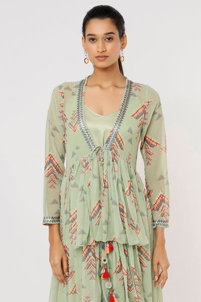 Gopi vaid Ira Tiered Long Jacket mint green festive Indian designer wear online shopping melange singapore