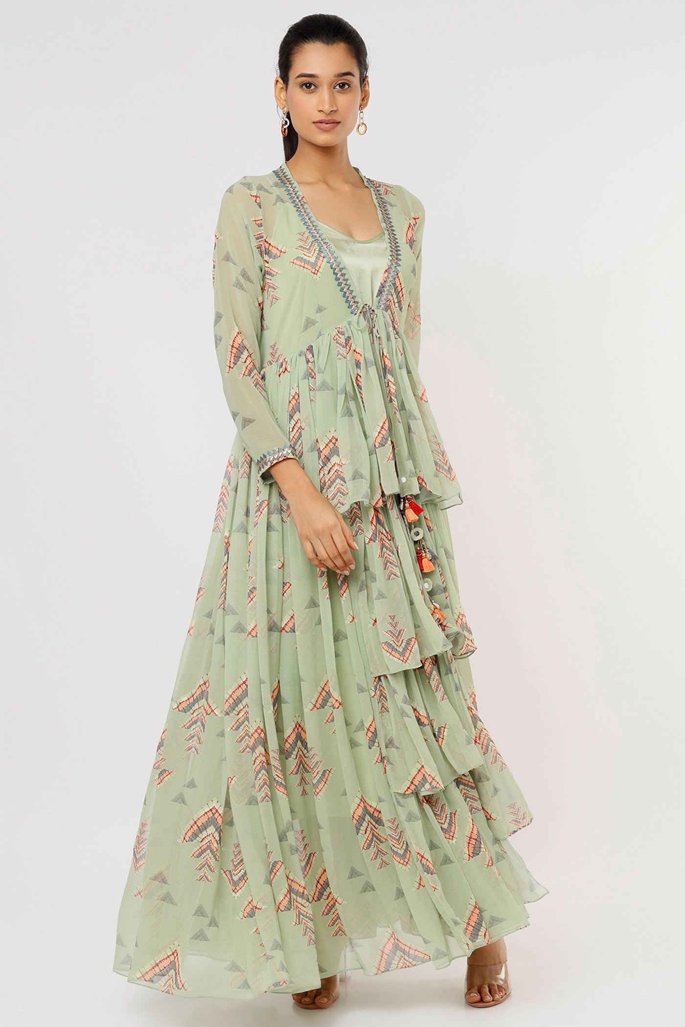 Gopi vaid Ira Tiered Long Jacket mint green festive Indian designer wear online shopping melange singapore