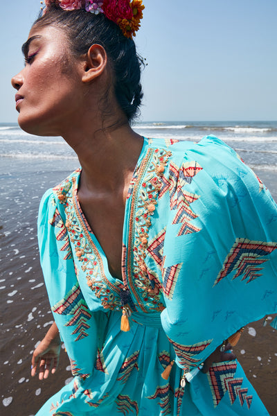 Gopi vaid lara sleeved long dress aqua  Indian designer wear online shopping melange singapore