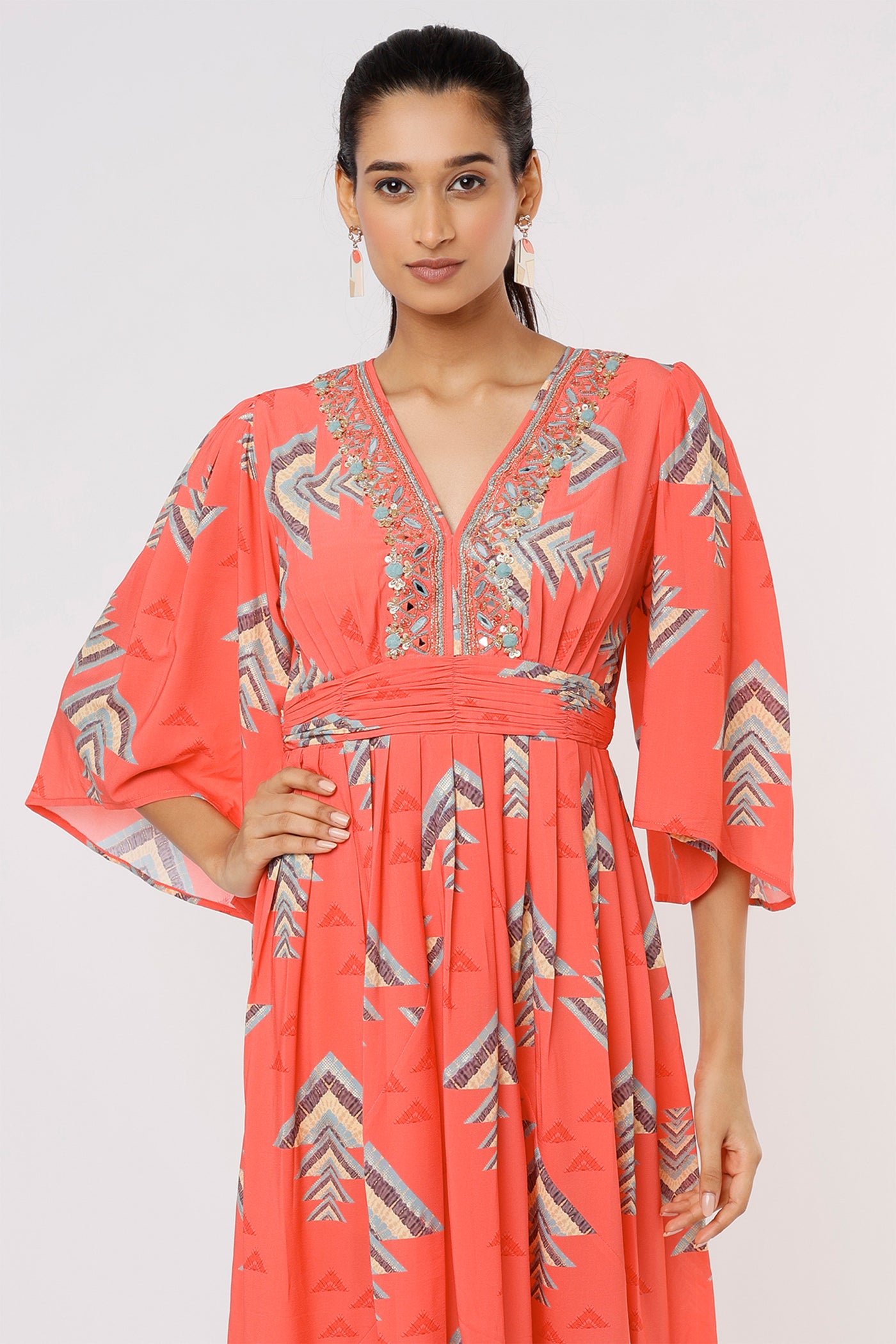 Gopi vaid Lara Sleeved Long Dress coral festive Indian designer wear online shopping melange singapore