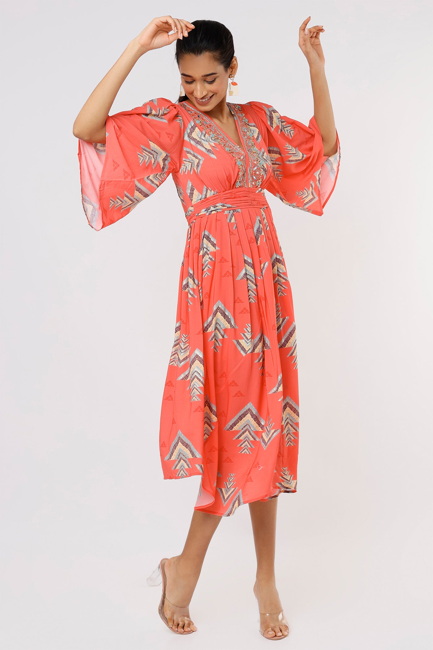 Gopi vaid Lara Sleeved Long Dress coral festive Indian designer wear online shopping melange singapore