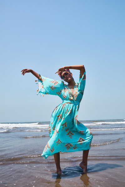 Gopi vaid lara sleeved long dress aqua  Indian designer wear online shopping melange singapore