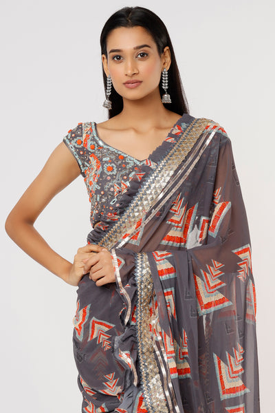 Gopi vaid Nikita Frill Saree With Halter Blouse grey festive Indian designer wear online shopping melange singapore
