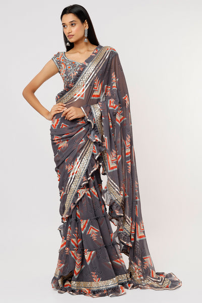 Gopi vaid Nikita Frill Saree With Halter Blouse grey festive Indian designer wear online shopping melange singapore