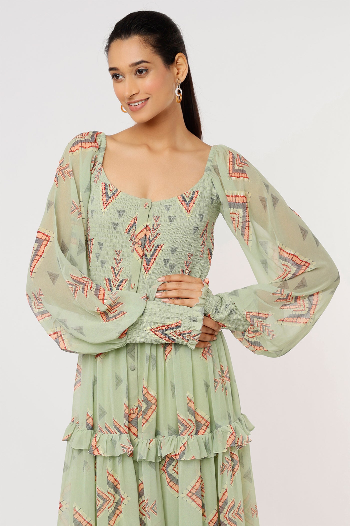 Gopi vaid Talia Shirred Dress mint green festive Indian designer wear online shopping melange singapore