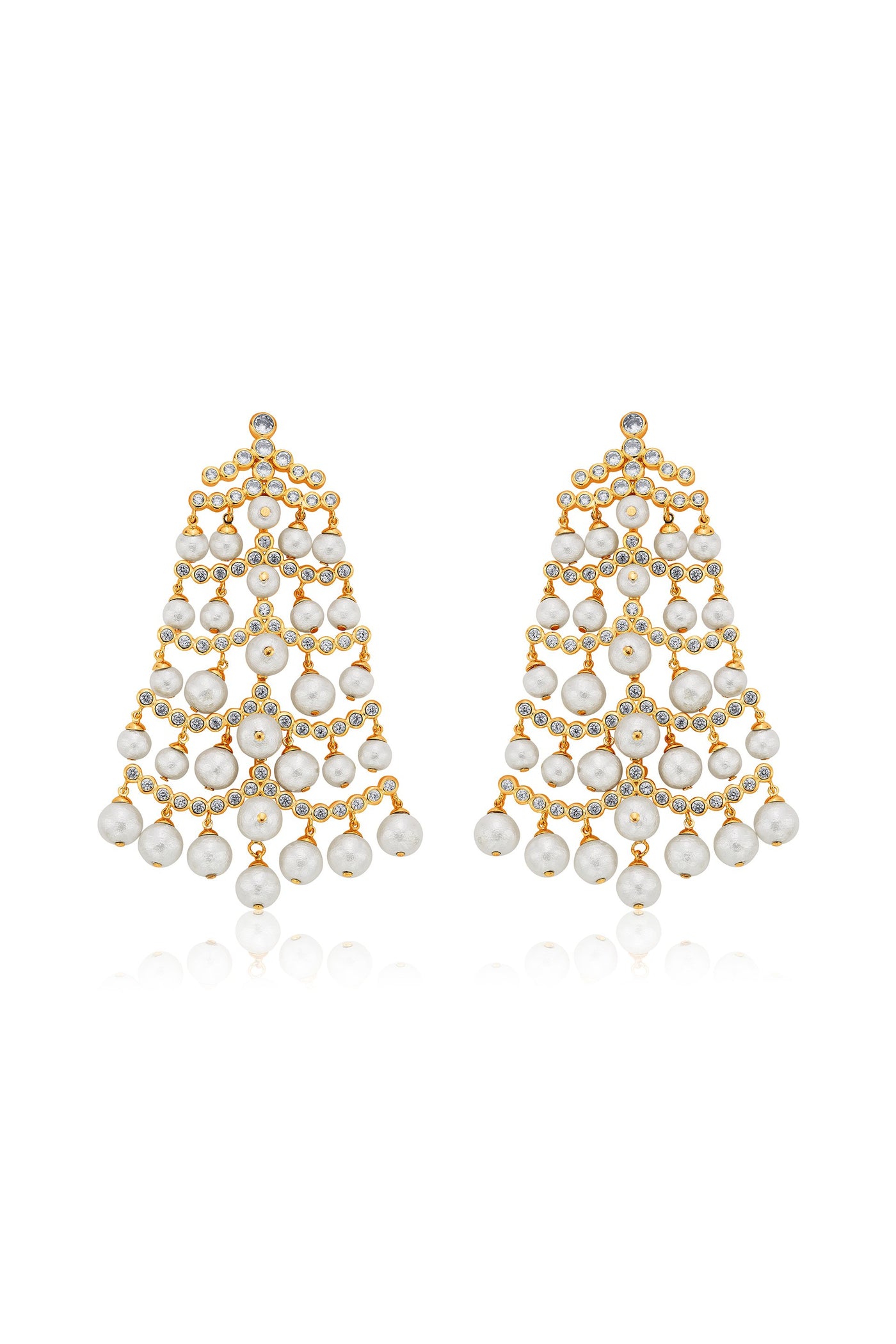 Modern Maharani Pearl Crystal Waterfall Earrings Gold