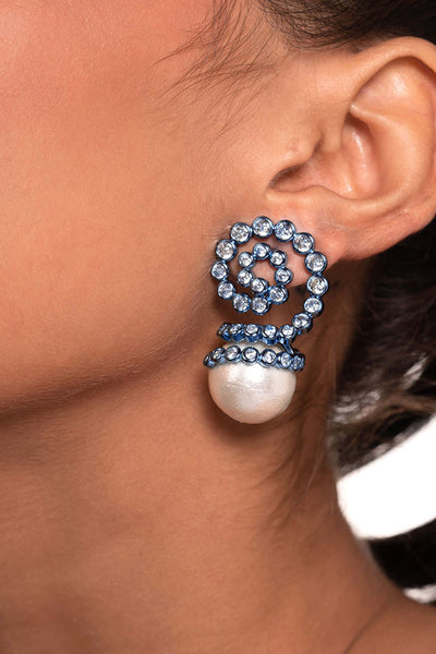 Isharya Aqua Blue Pearl Drop Earrings In Colored Plating fashion jewellery online shopping melange singapore indian designer wear