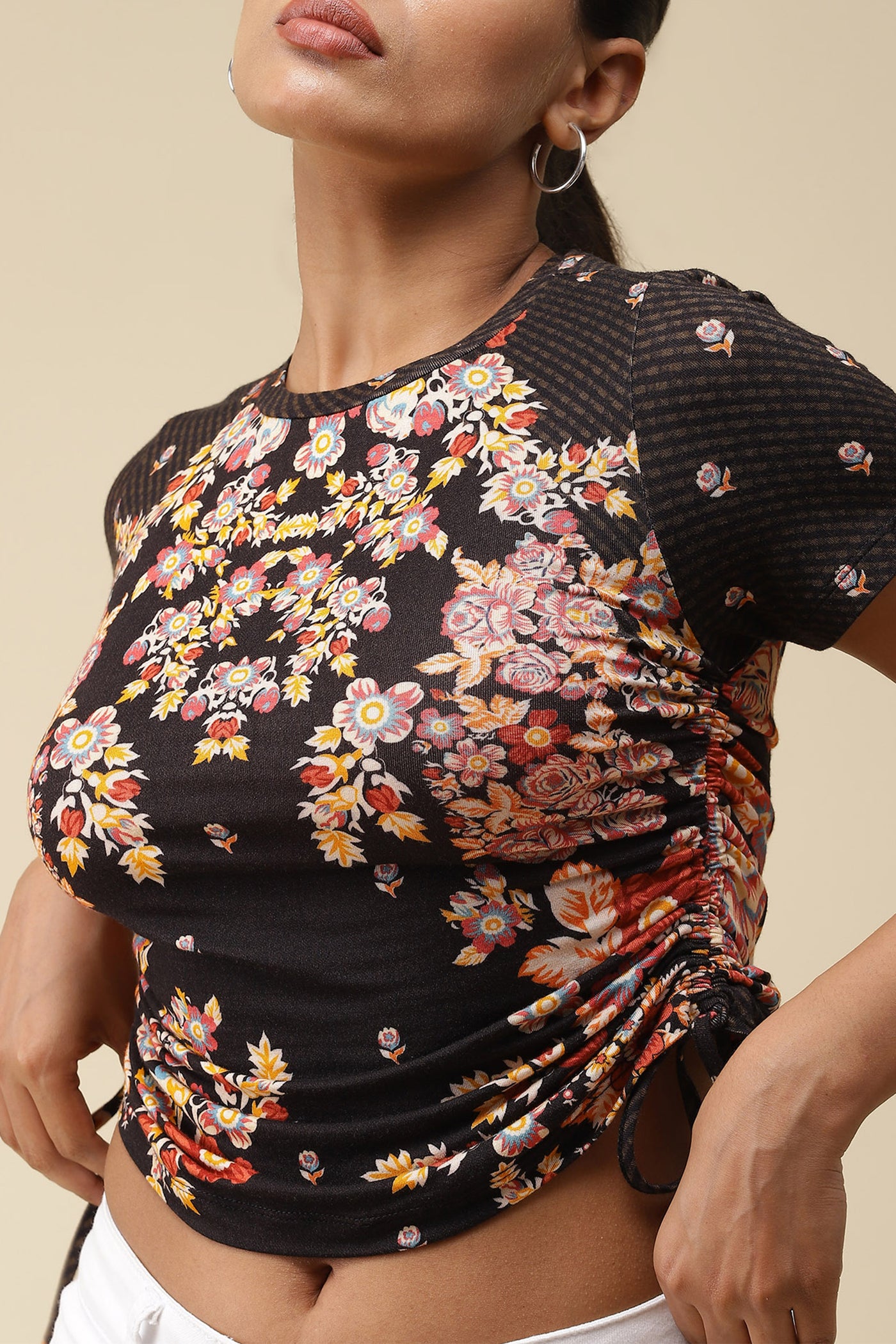 label ritu kumar Black Floral Printed Crop Top western  designer wear online shopping melange singapore