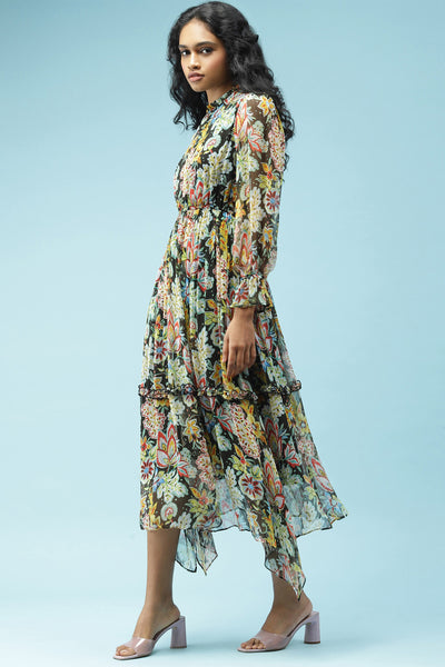 label ritu kumar Black Floral Printed Maxi Dress western  designer wear online shopping melange singapore