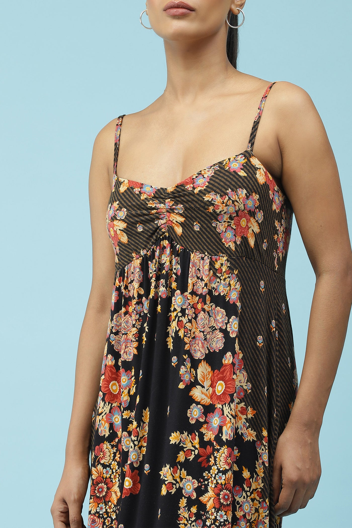 label ritu kumar Black Floral Printed Strappy Maxi Dress western  designer wear online shopping melange singapore
