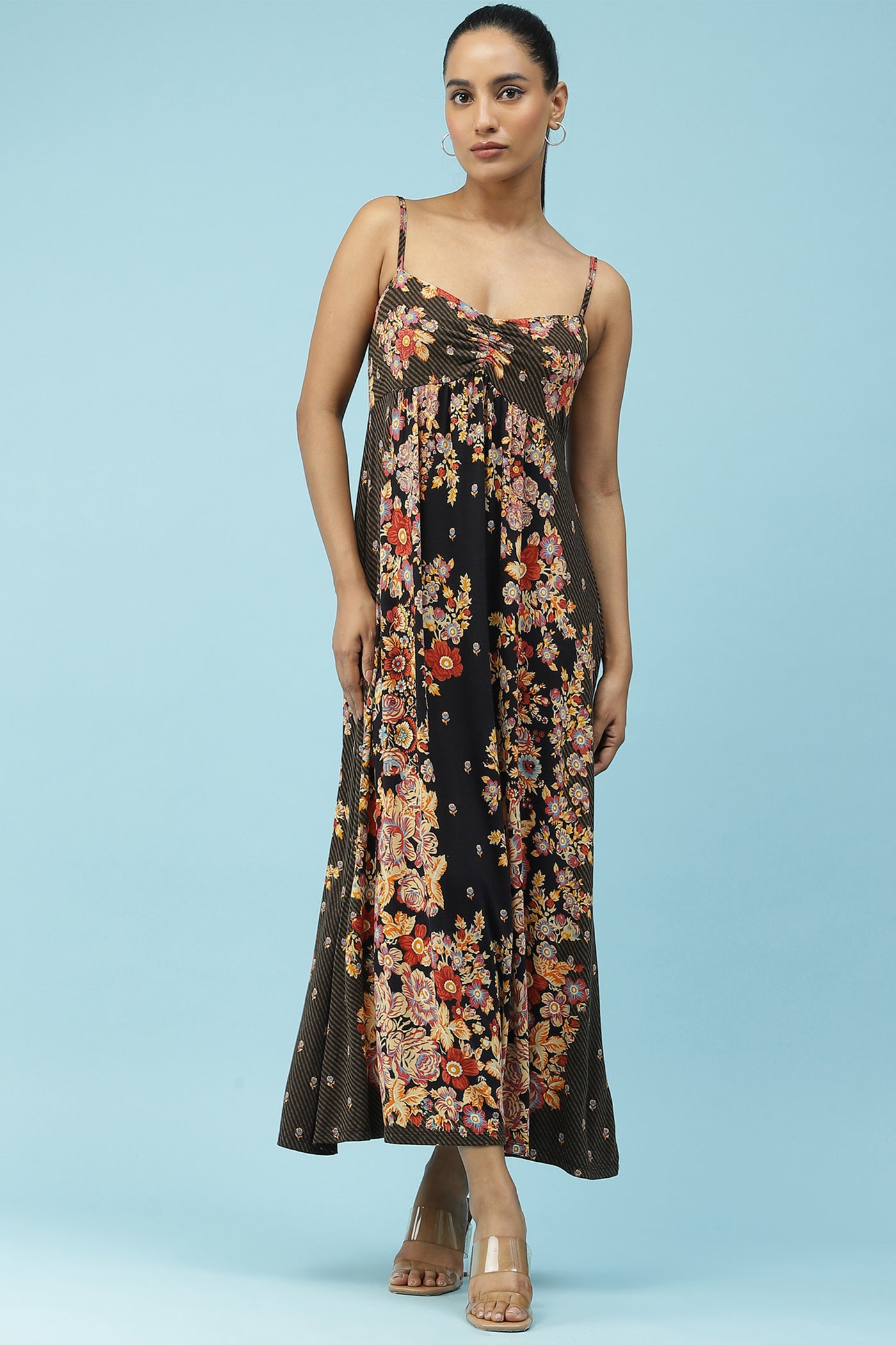 label ritu kumar Black Floral Printed Strappy Maxi Dress western  designer wear online shopping melange singapore
