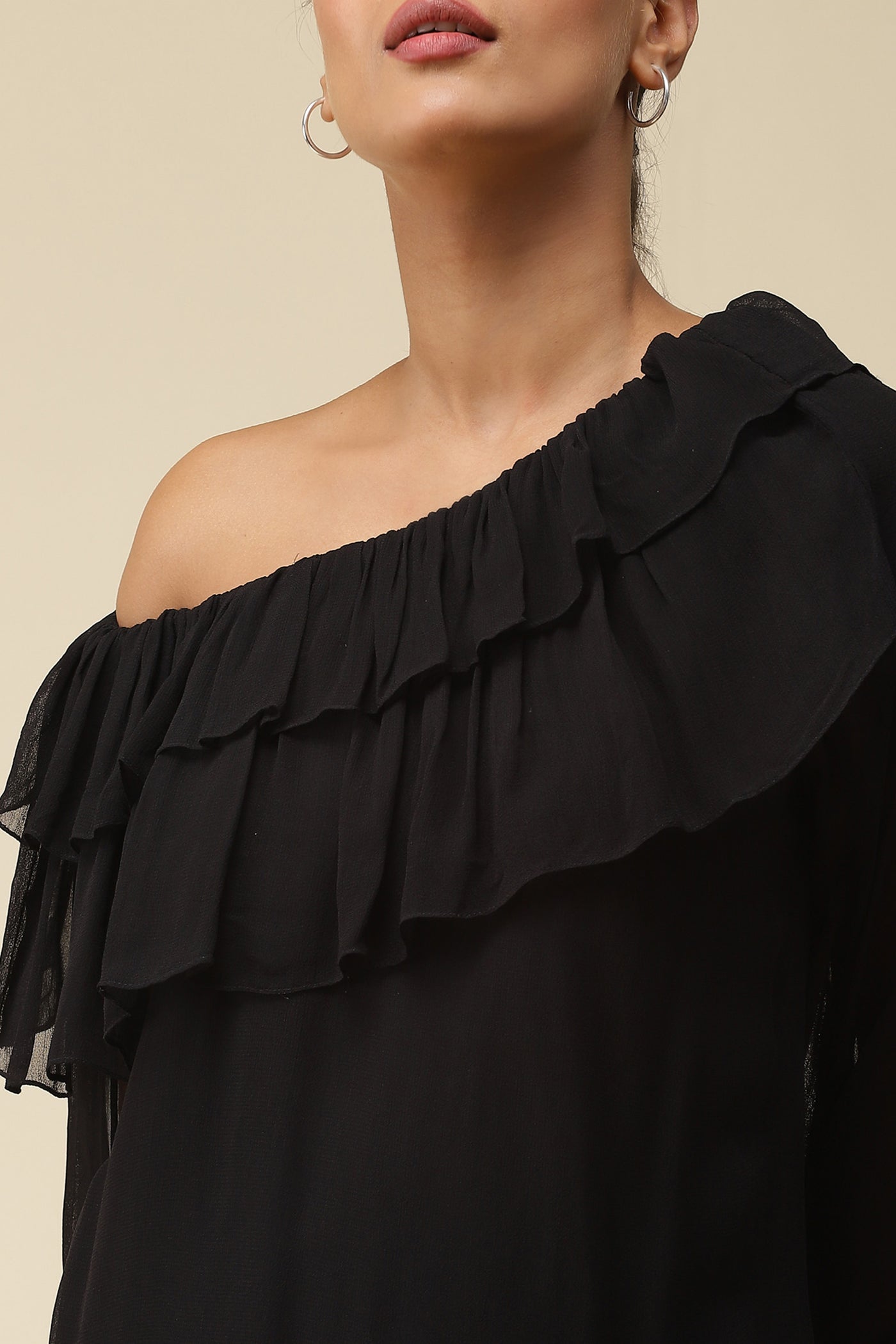 label ritu kumar Black Ruffled One Shoulder Top western  designer wear online shopping melange singapore