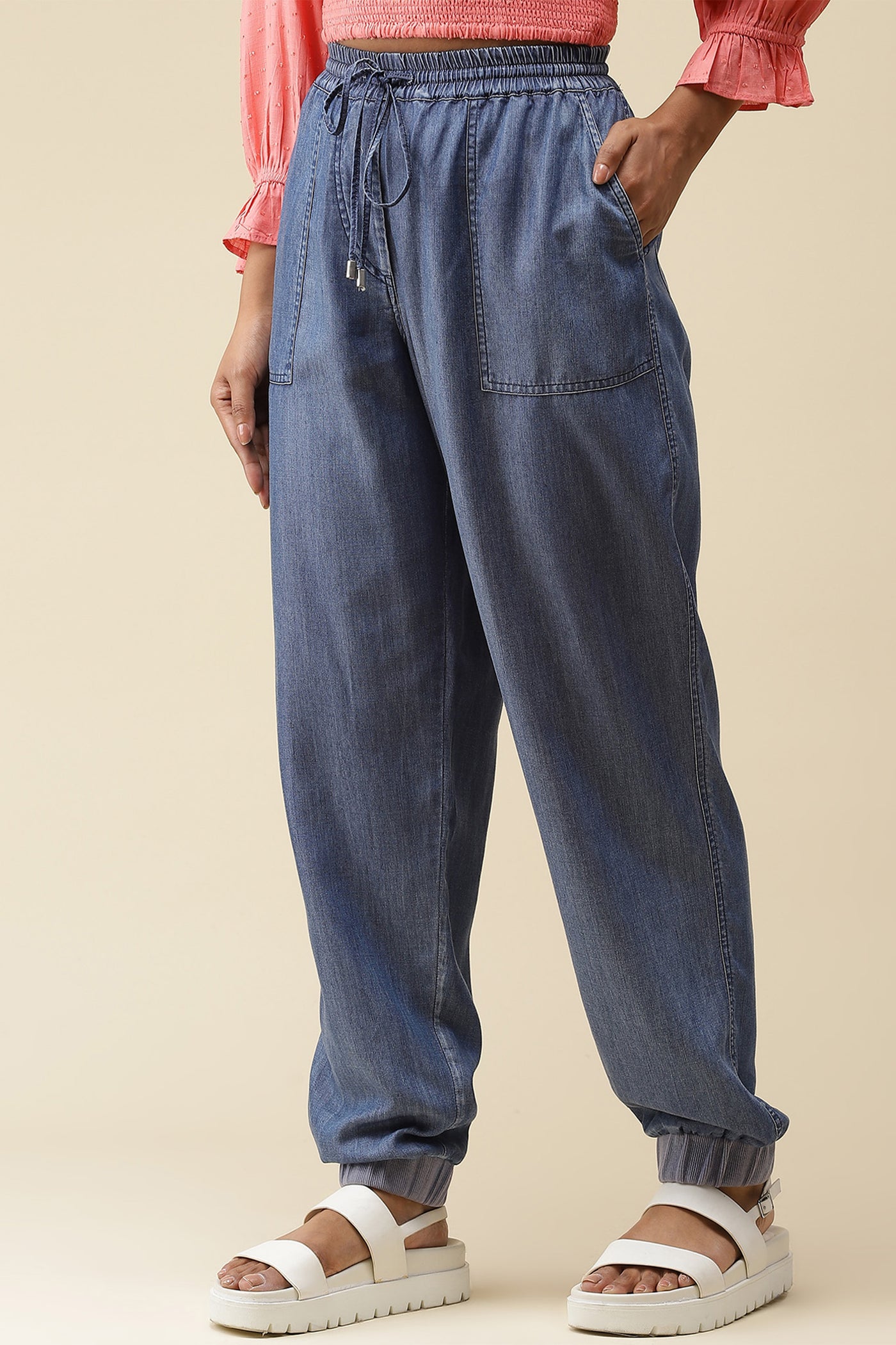 label ritu kumar Blue Denim Joggers Pants western  designer wear online shopping melange singapore