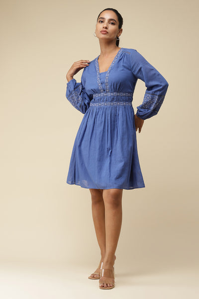 label ritu kumar Blue Embroidered Short Dress western  designer wear online shopping melange singapore