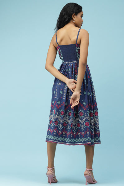 label ritu kumar Blue Embroidered Strappy Midi Dress western  designer wear online shopping melange singapore