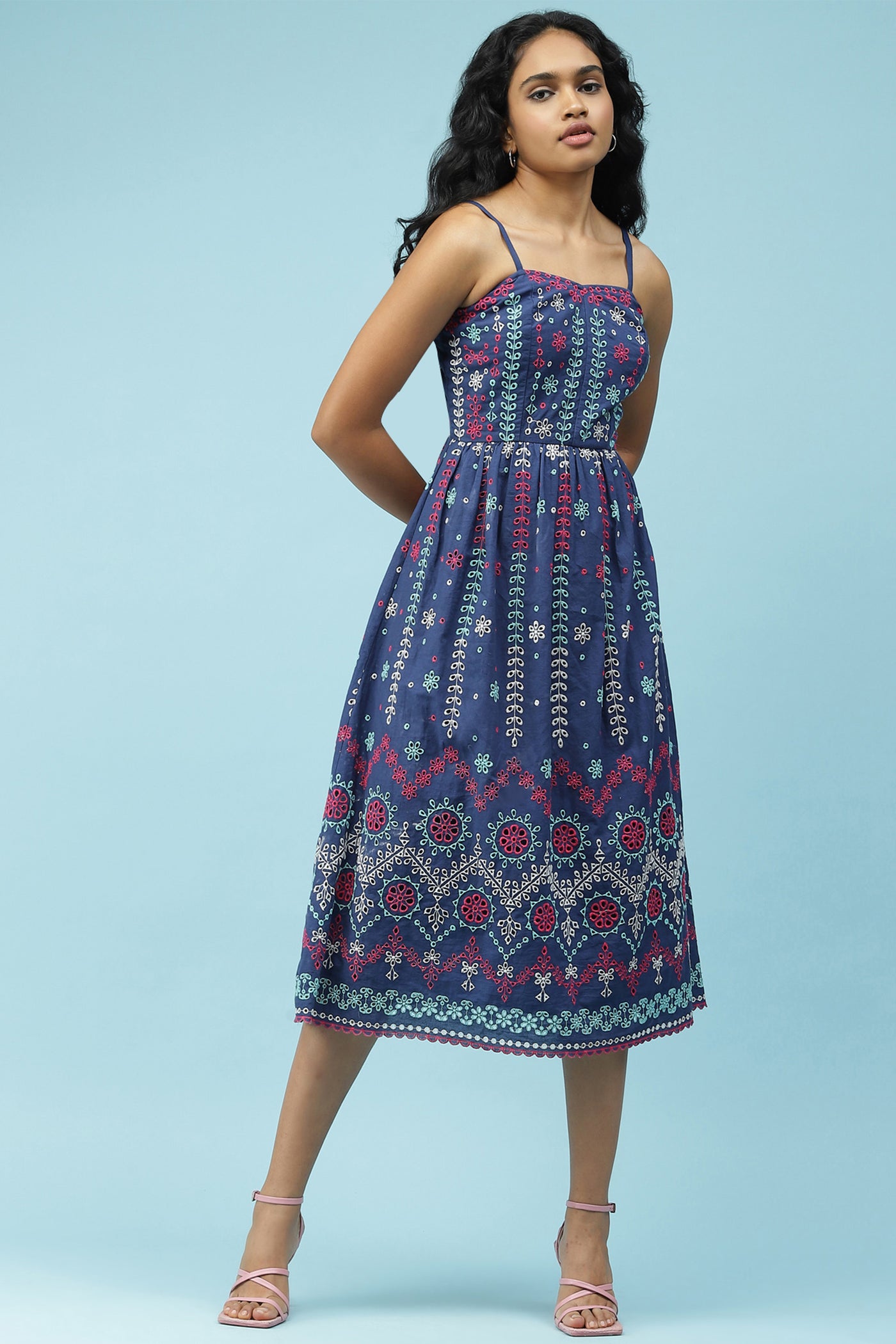 label ritu kumar Blue Embroidered Strappy Midi Dress western  designer wear online shopping melange singapore