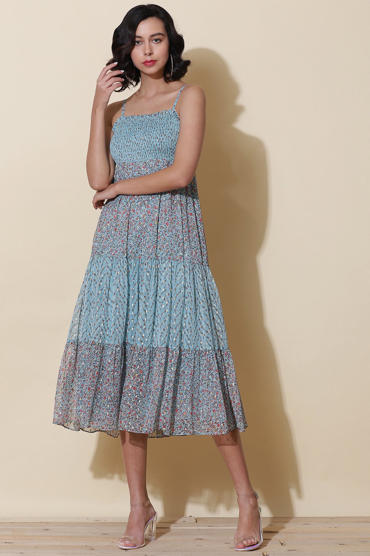 label ritu kumar Blue Floral Printed Maxi Dress western  designer wear online shopping melange singapore