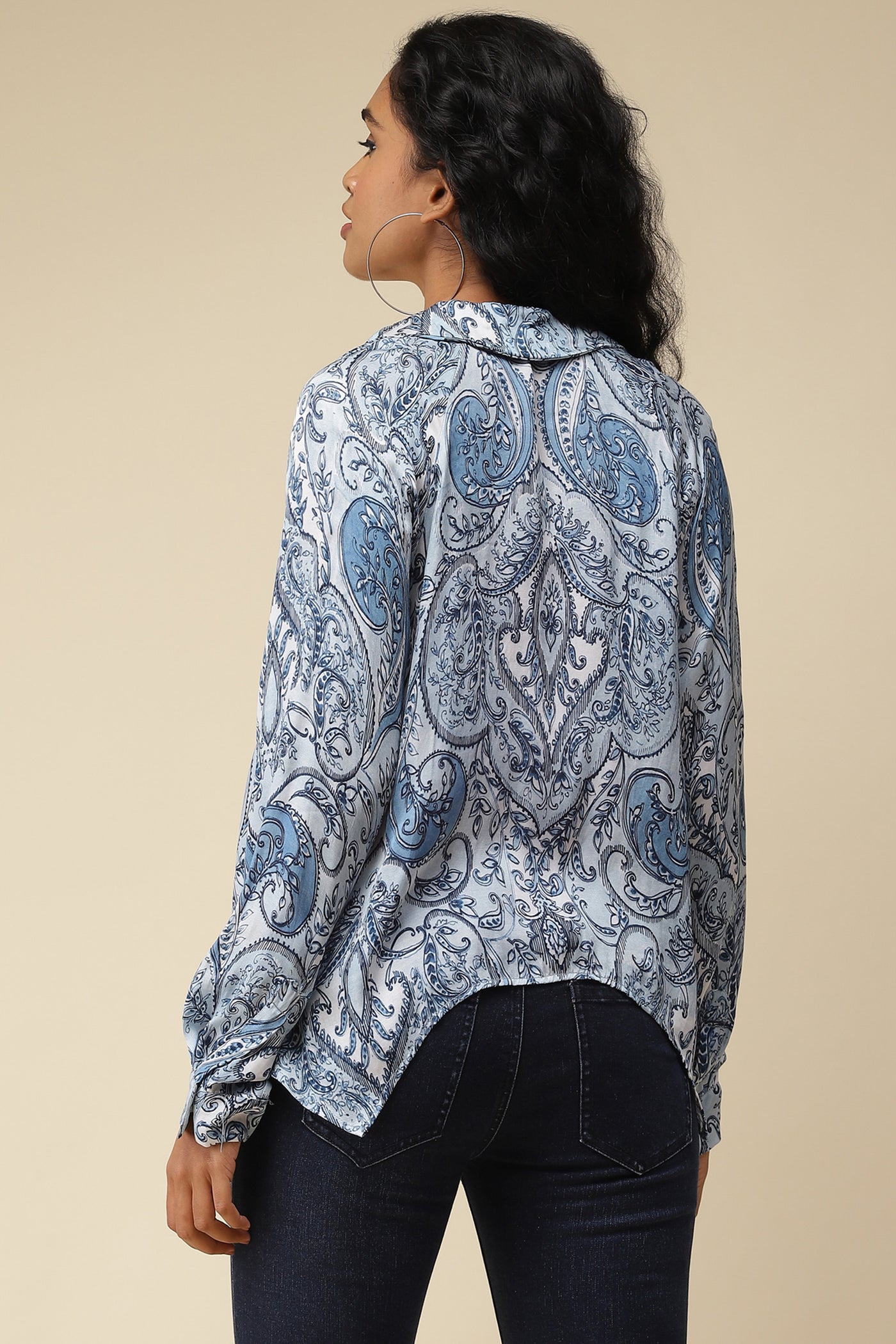 label ritu kumar Blue Printed Asymmetric Satin Shirt western  designer wear online shopping melange singapore