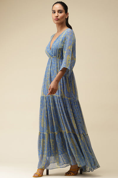 label ritu kumar Blue Printed Maxi Dress western  designer wear online shopping melange singapore