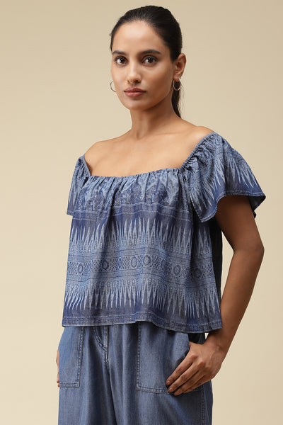 label ritu kumar Blue Printed Off-The-Shoulder Top western  designer wear online shopping melange singapore