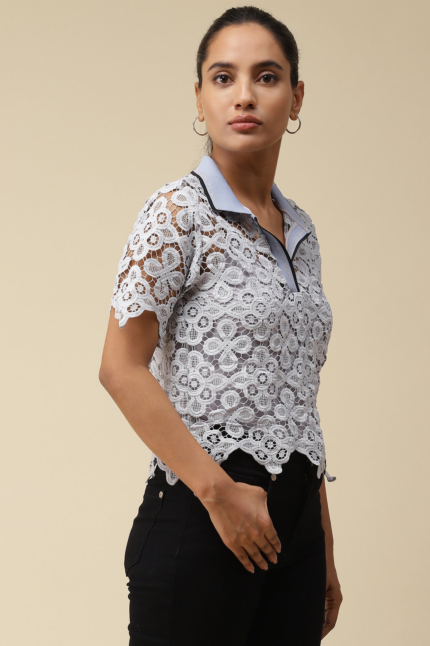 label ritu kumar Blue Schiffli Polo T-Shirt With Camisole western  designer wear online shopping melange singapore