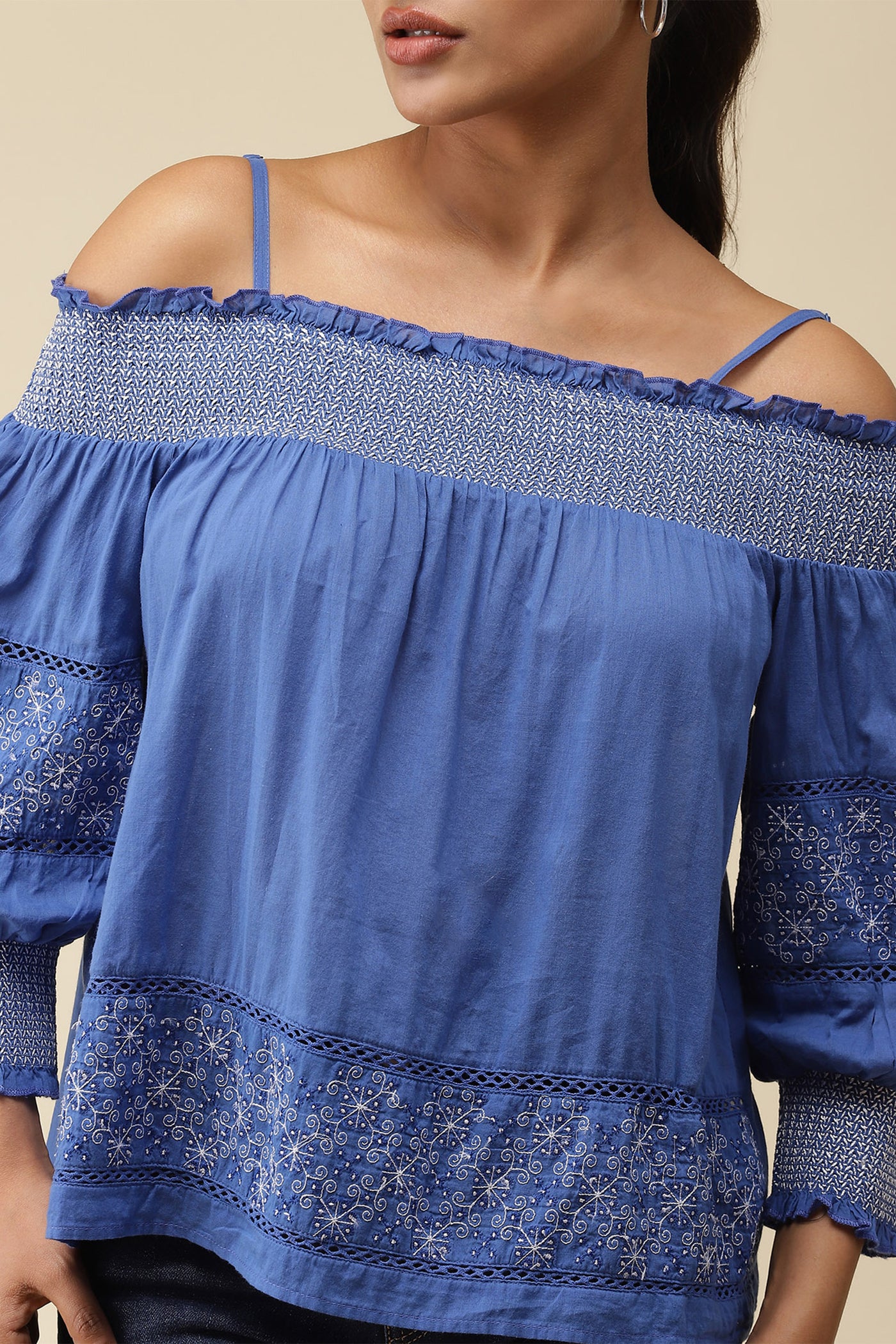 label ritu kumar Blue Smocked Off Shoulder Embroidered Top western  designer wear online shopping melange singapore