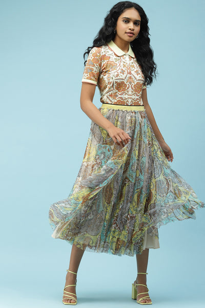 label ritu kumar Blue And Yellow Printed Pleated Skirt western  designer wear online shopping melange singapore