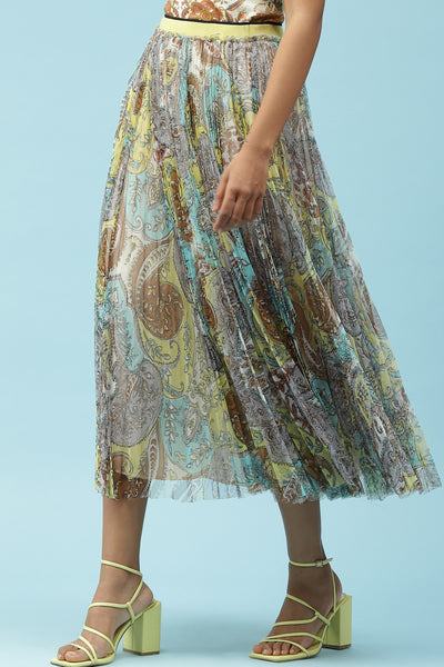 label ritu kumar Blue And Yellow Printed Pleated Skirt western  designer wear online shopping melange singapore