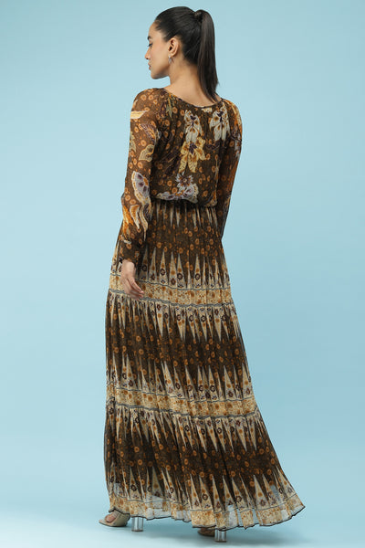 label ritu kumar Brown Floral Printed Maxi Dress western  designer wear online shopping melange singapore