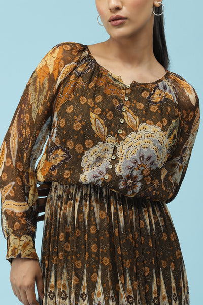label ritu kumar Brown Floral Printed Maxi Dress western  designer wear online shopping melange singapore