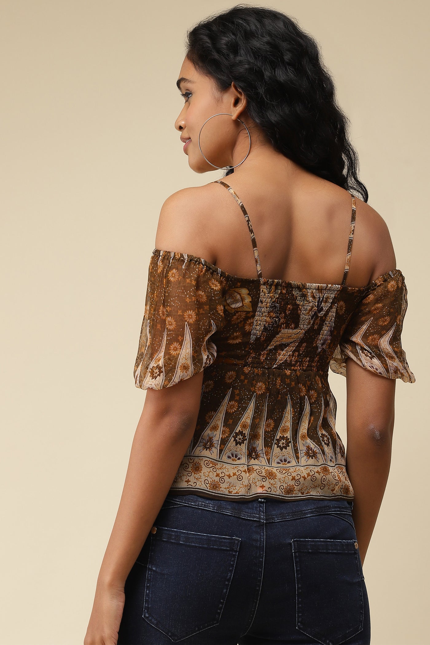 label ritu kumar Brown Floral Printed Off Shoulder Top western  designer wear online shopping melange singapore