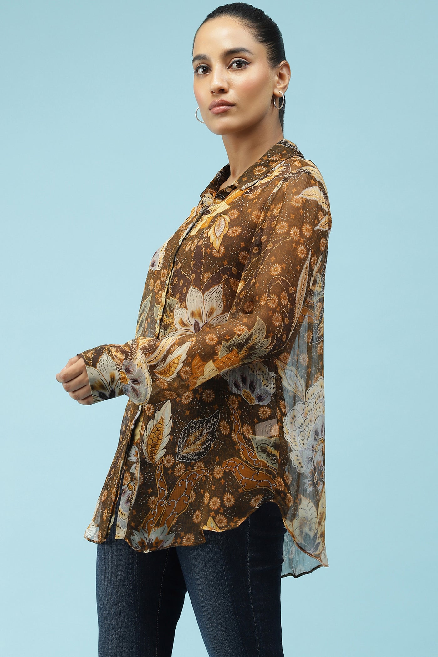label ritu kumar Brown Floral Printed Shirt western  designer wear online shopping melange singapore