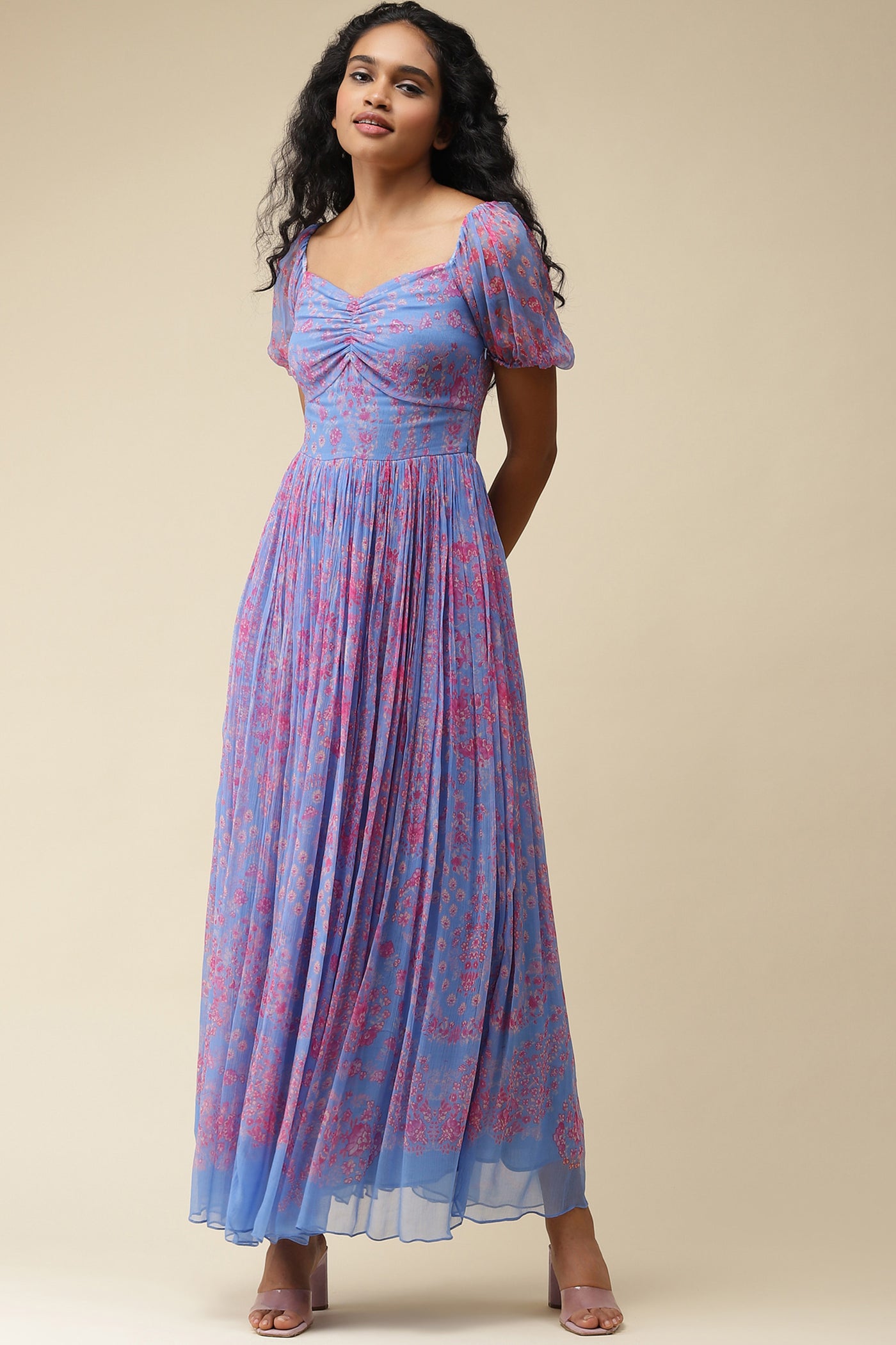 label ritu kumar Chalk Blue Floral Print Maxi Dress western  designer wear online shopping melange singapore