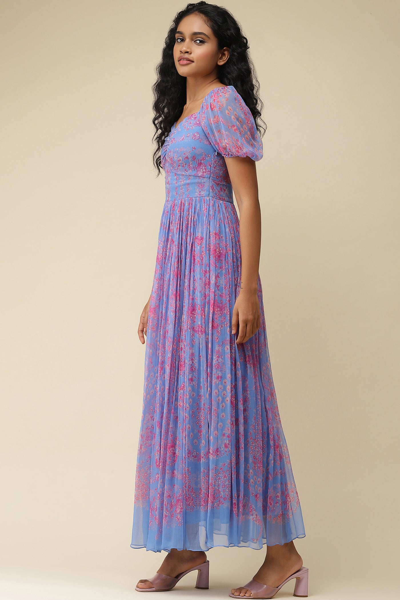 label ritu kumar Chalk Blue Floral Print Maxi Dress western  designer wear online shopping melange singapore