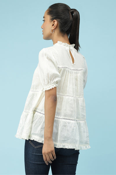 label ritu kumar Ecru Embroidered Top With Lace Inserts western  designer wear online shopping melange singapore