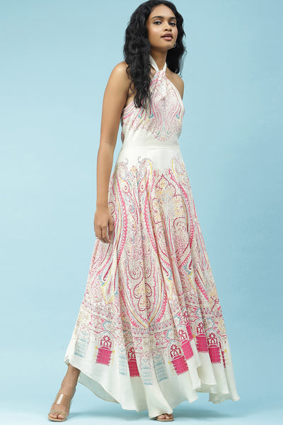 label ritu kumar Ecru Floral Print Halter Maxi Dress western  designer wear online shopping melange singapore