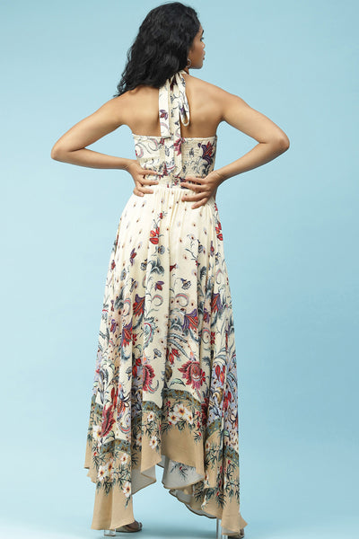 label ritu kumar Ecru Floral Printed Halter Neck Maxi Dress western  designer wear online shopping melange singapore