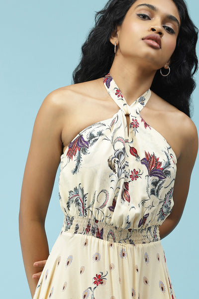 label ritu kumar Ecru Floral Printed Halter Neck Maxi Dress western  designer wear online shopping melange singapore