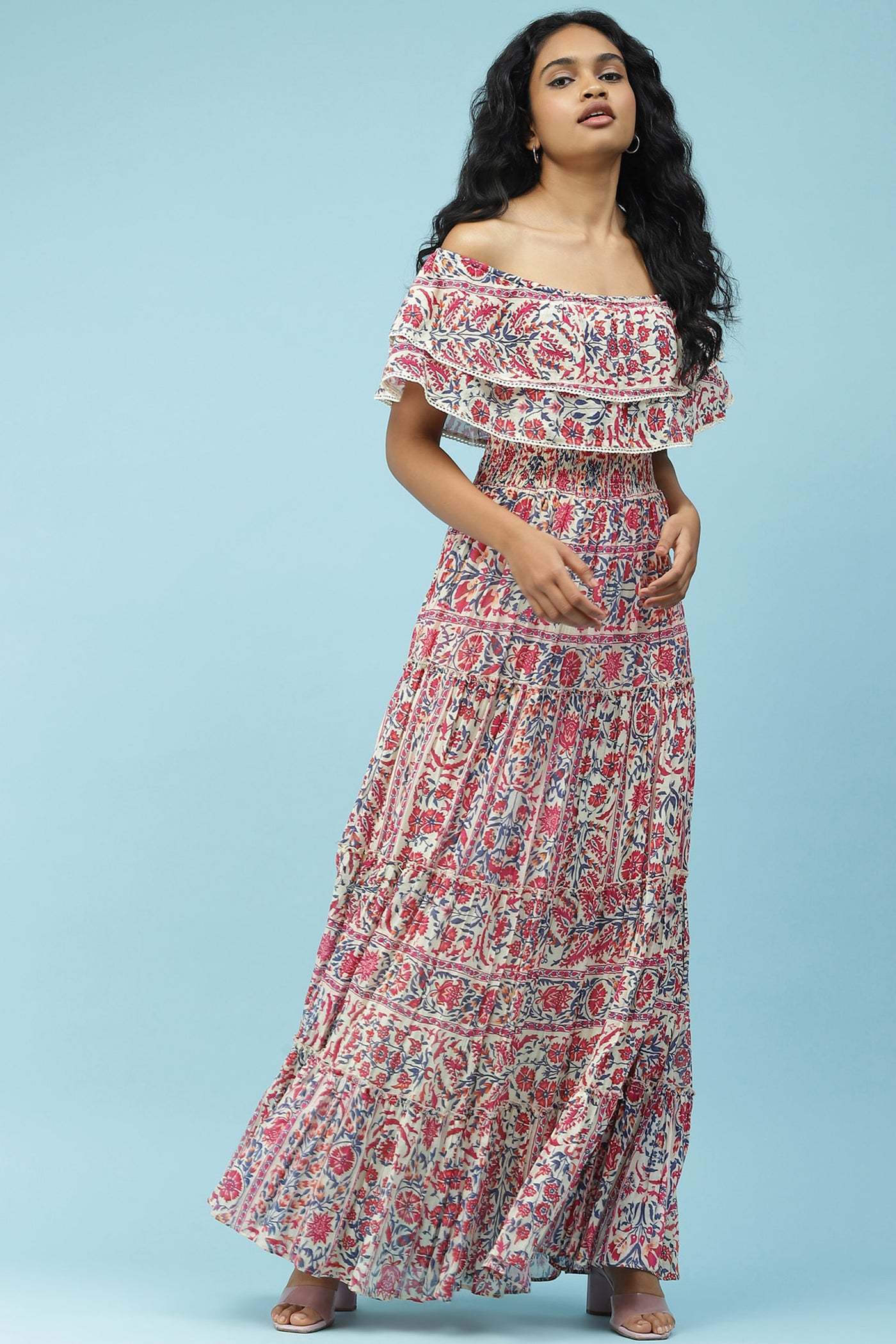 label ritu kumar Ecru Floral Printed Maxi Dress western  designer wear online shopping melange singapore