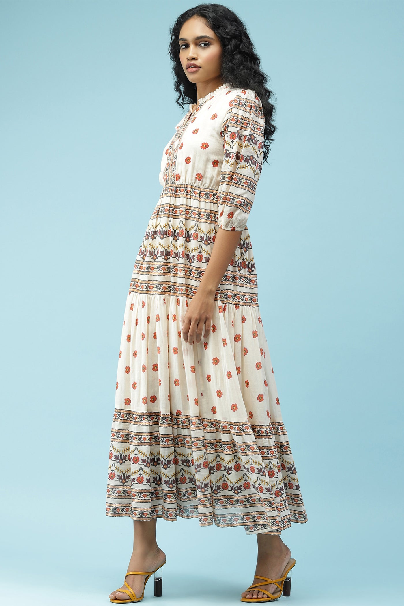 label ritu kumar Ecru Floral Printed Maxi Dress western  designer wear online shopping melange singapore