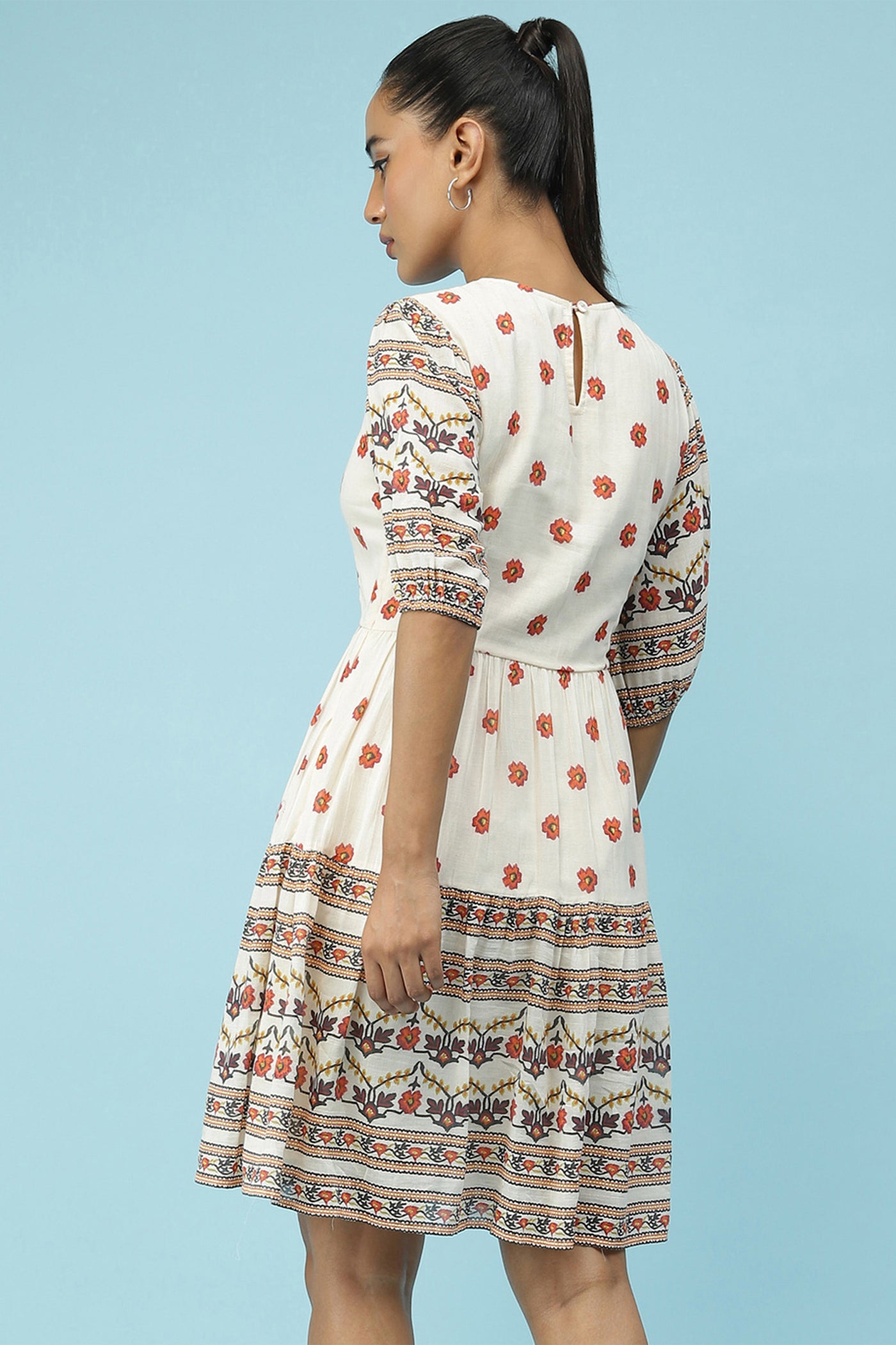 label ritu kumar Ecru Floral Printed Short Dress western  designer wear online shopping melange singapore