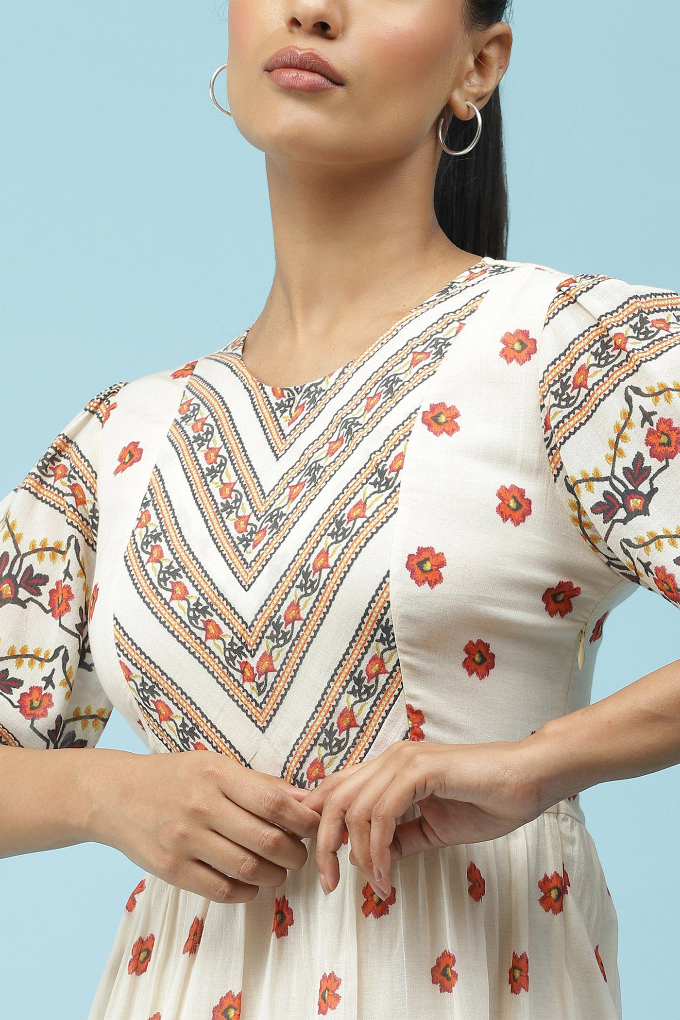 label ritu kumar Ecru Floral Printed Short Dress western  designer wear online shopping melange singapore