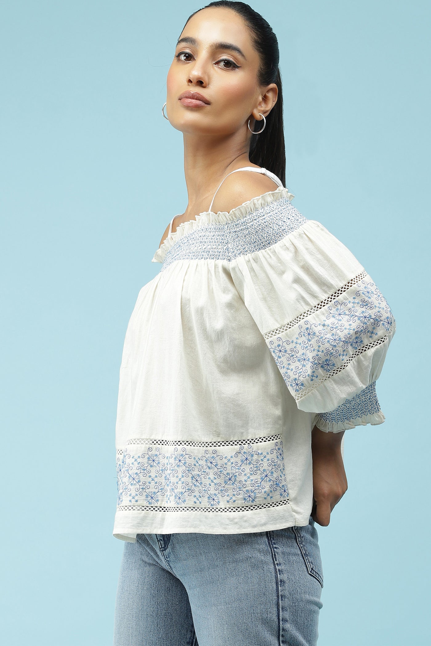 label ritu kumar Ecru Smocked Off Shoulder Embroidered Top western  designer wear online shopping melange singapore