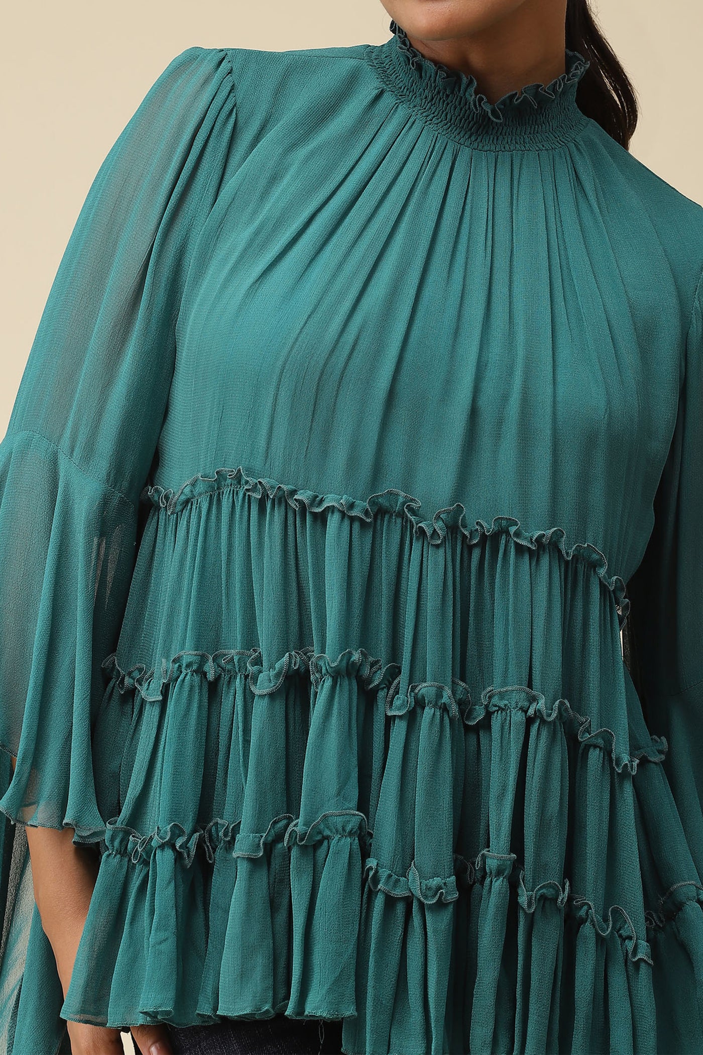 label ritu kumar Emerald Green Smocked Top western  designer wear online shopping melange singapore