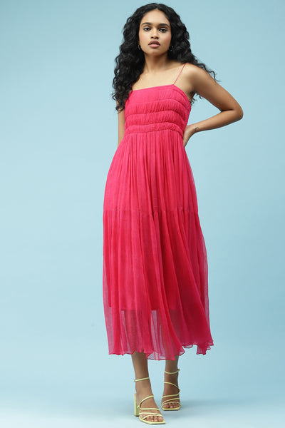 label ritu kumar Fuschia Smocked Maxi Dress western  designer wear online shopping melange singapore