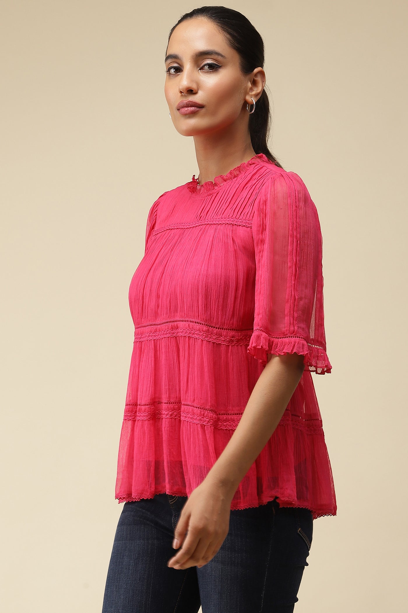 label ritu kumar Fuschia Solid Top With Lace Inserts western  designer wear online shopping melange singapore