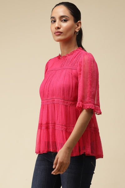 label ritu kumar Fuschia Solid Top With Lace Inserts western  designer wear online shopping melange singapore