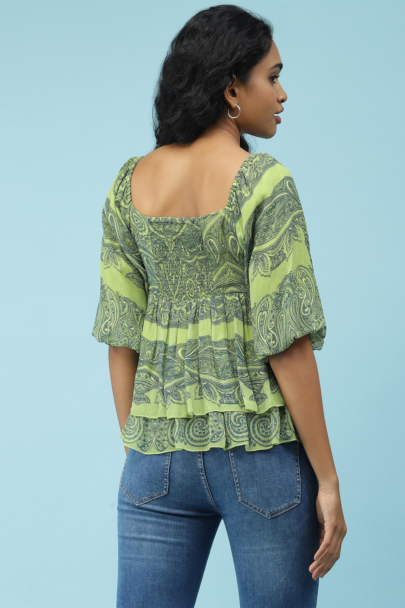 label ritu kumar Green Printed Top western  designer wear online shopping melange singapore